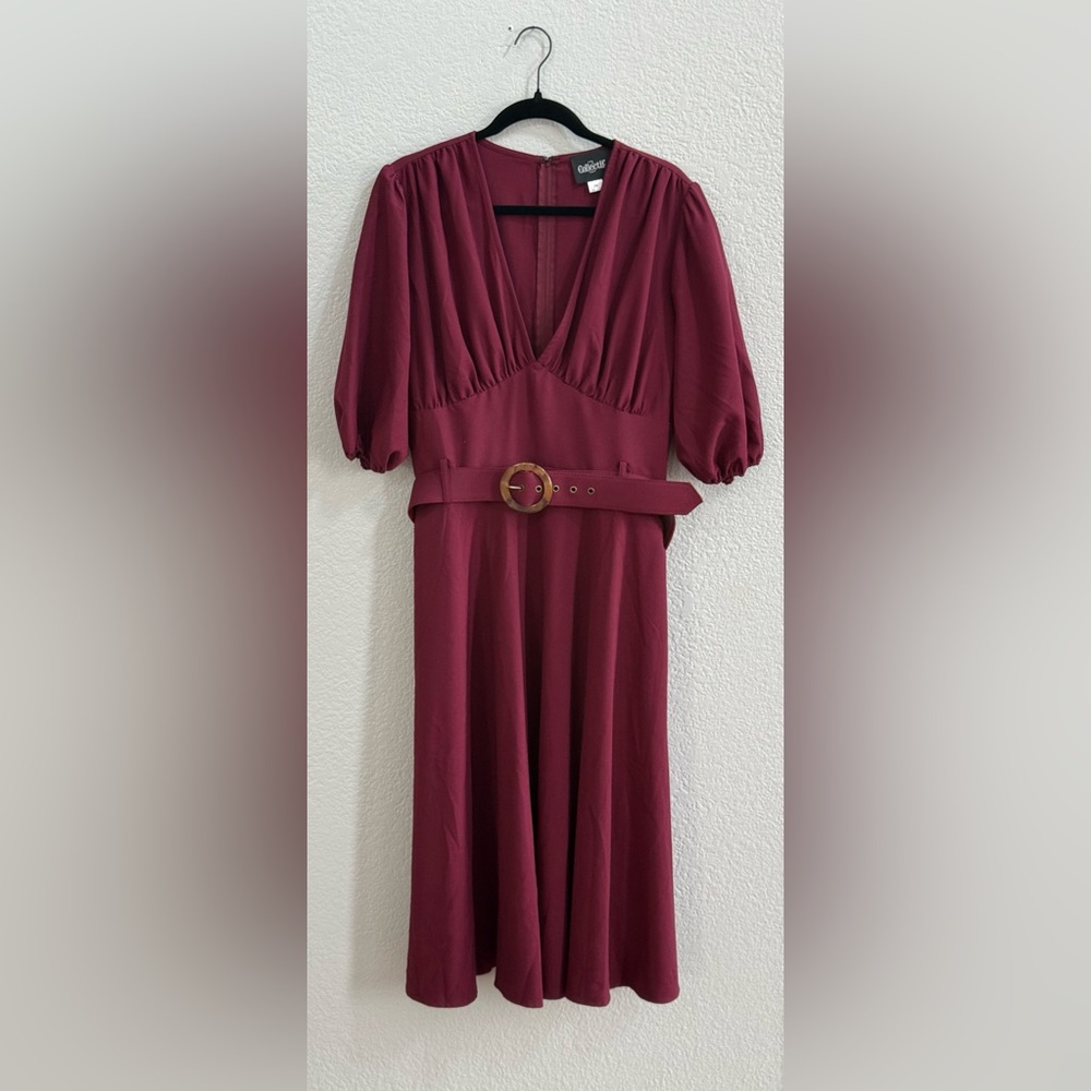 EUC Collectif Burgundy Long Sleeve Dress with Belt - 2XL